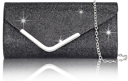 Sequin Evening Bag for Women 3-in-1 with Chain and Envelope Shape, Black V1188-MS-325-1495