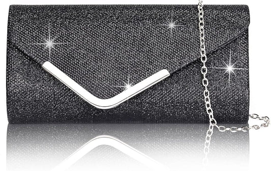 Sequin Evening Bag for Women 3-in-1 with Chain and Envelope Shape, Black V1188-MS-325-1495