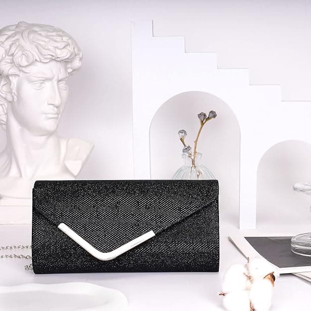 Sequin Evening Bag for Women 3-in-1 with Chain and Envelope Shape, Black V1188-MS-325-1495