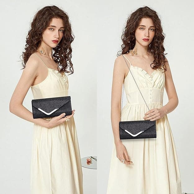 Sequin Evening Bag for Women 3-in-1 with Chain and Envelope Shape, Black V1188-MS-325-1495