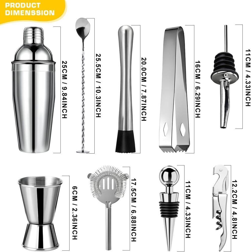 12-Piece Stainless Steel Cocktail Set with Bamboo Stand, Silver, Perfect Gift for Home Bar V1188-MS-325-1516