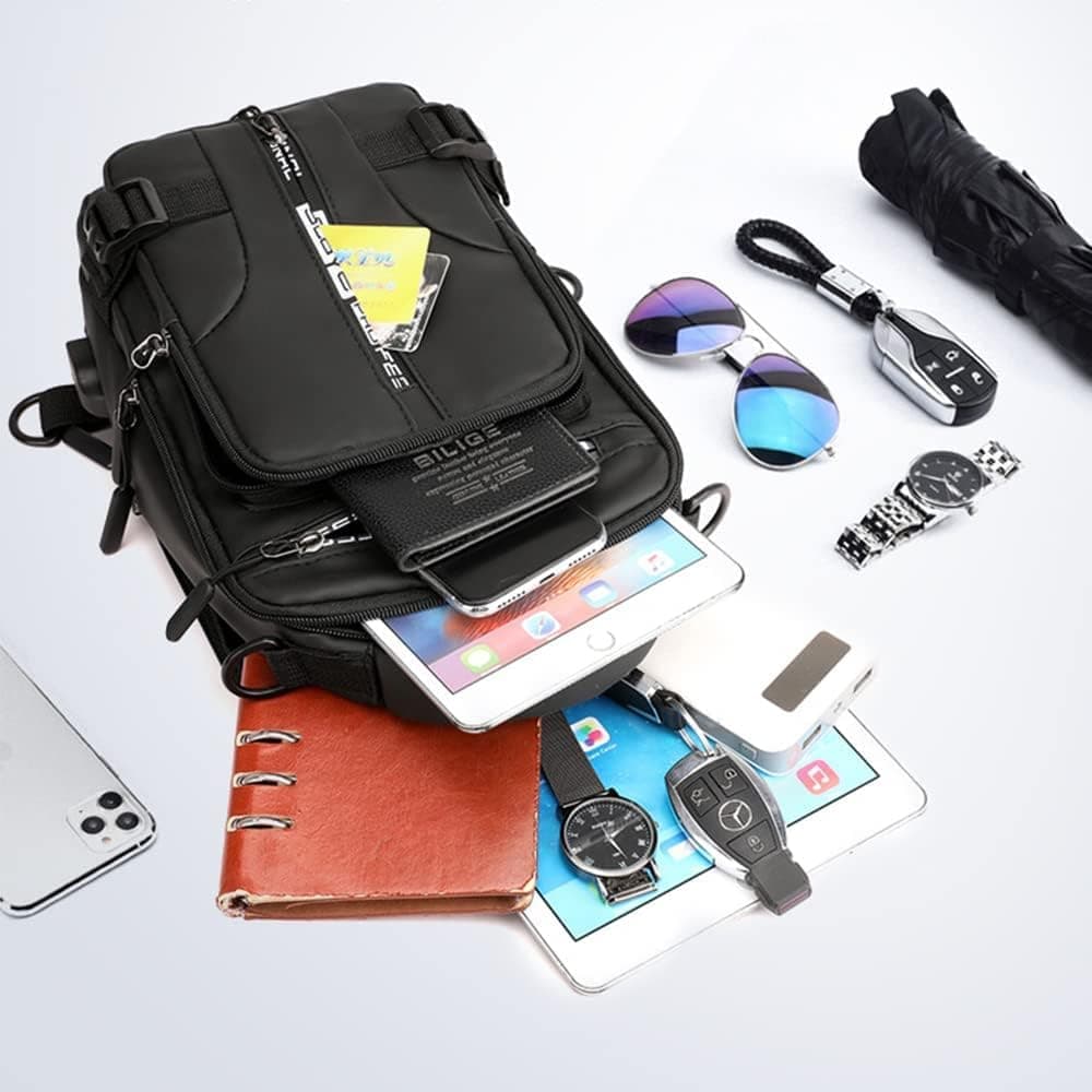 Multifunctional Water Resistant Shoulder Bag with USB Charging Port for Men and Women, Light Brown V1188-MS-325-1522