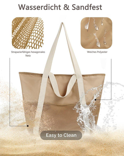 Waterproof Beach Bag for Women with Zipper Sand-Resistant Design Shoulder Strap, Beige V1188-MS-325-1525