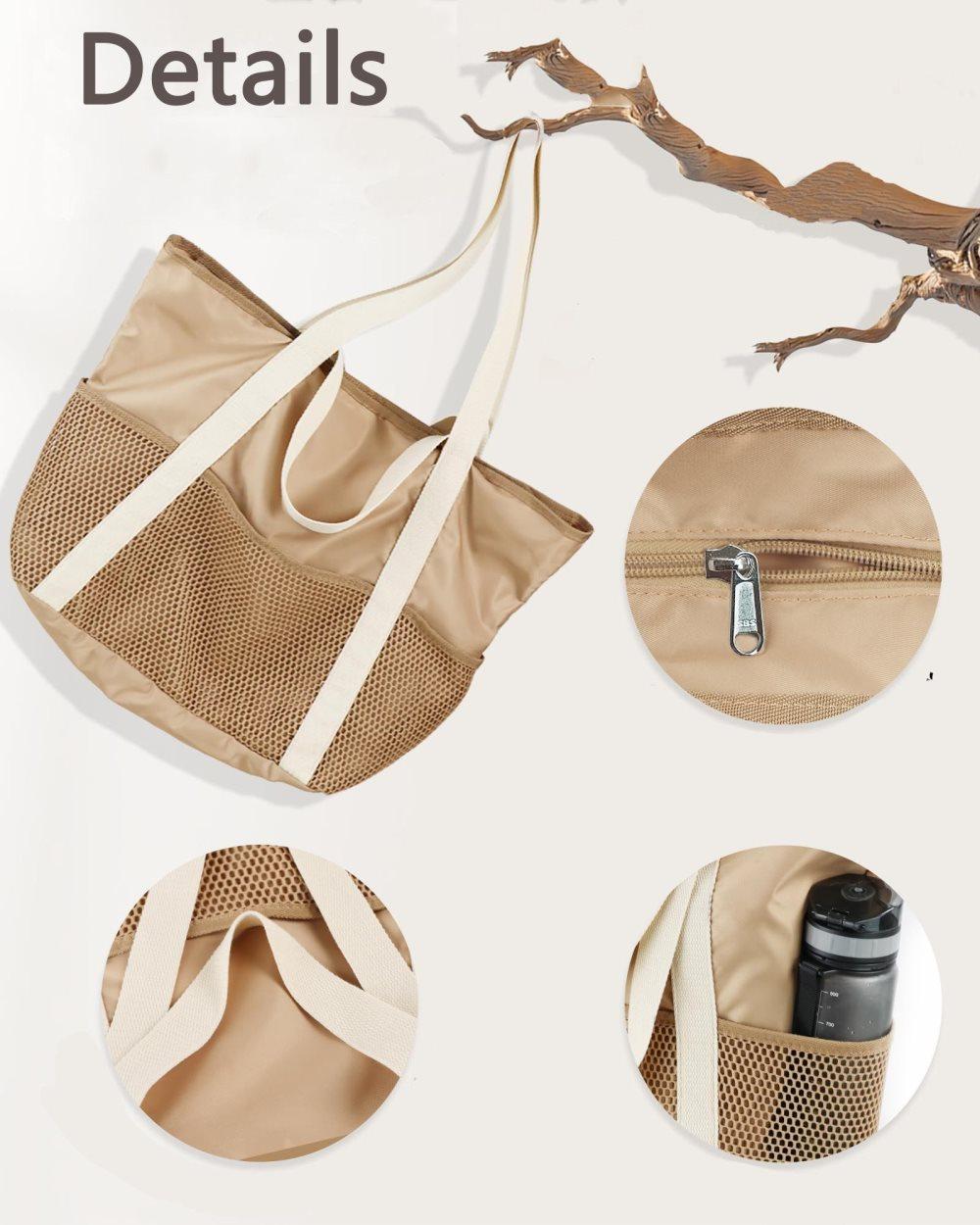 Waterproof Beach Bag for Women with Zipper Sand-Resistant Design Shoulder Strap, Beige V1188-MS-325-1525