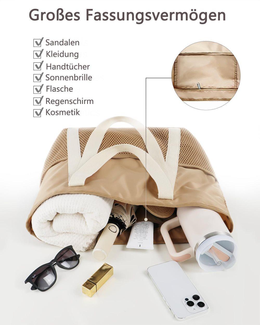 Waterproof Beach Bag for Women with Zipper Sand-Resistant Design Shoulder Strap, Beige V1188-MS-325-1525