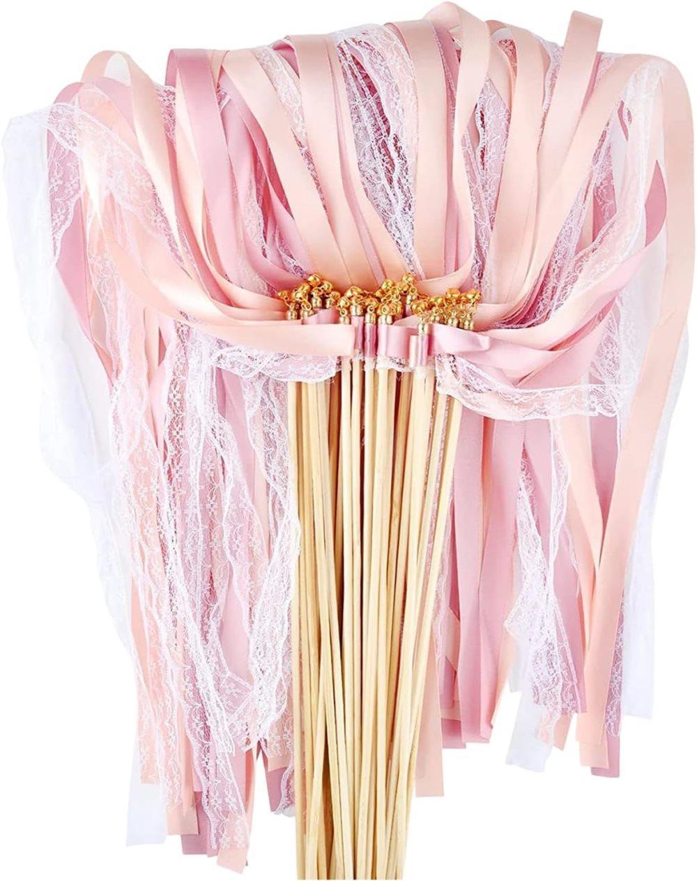 30 Pack Pink Satin & Lace Ribbon Wands for Wedding Party Decor, 30cm V1188-MS-325-1542