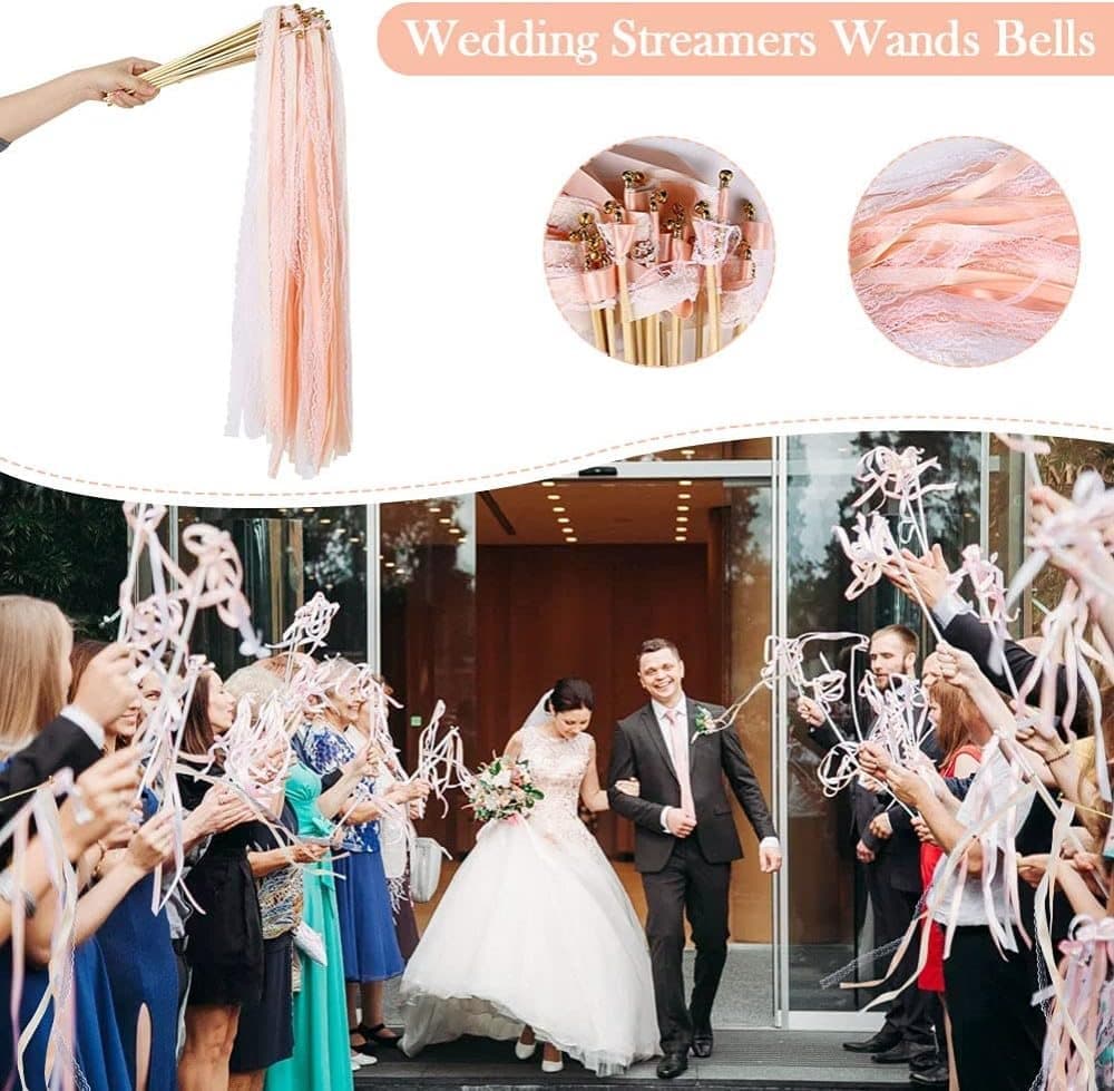 30 Pack Pink Satin & Lace Ribbon Wands for Wedding Party Decor, 30cm V1188-MS-325-1542