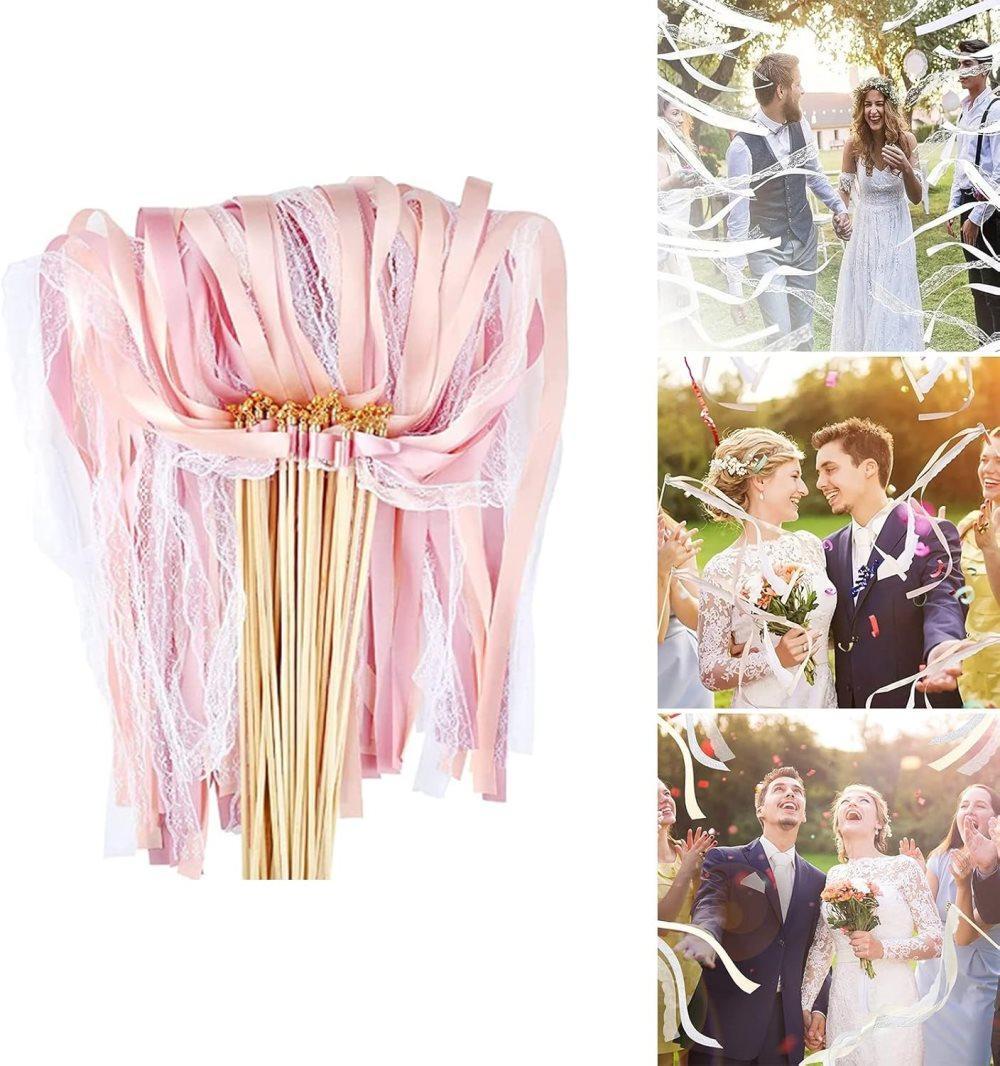 30 Pack Pink Satin & Lace Ribbon Wands for Wedding Party Decor, 30cm V1188-MS-325-1542
