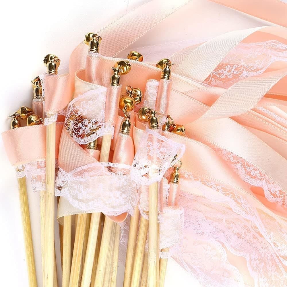 30 Pack Pink Satin & Lace Ribbon Wands for Wedding Party Decor, 30cm V1188-MS-325-1542
