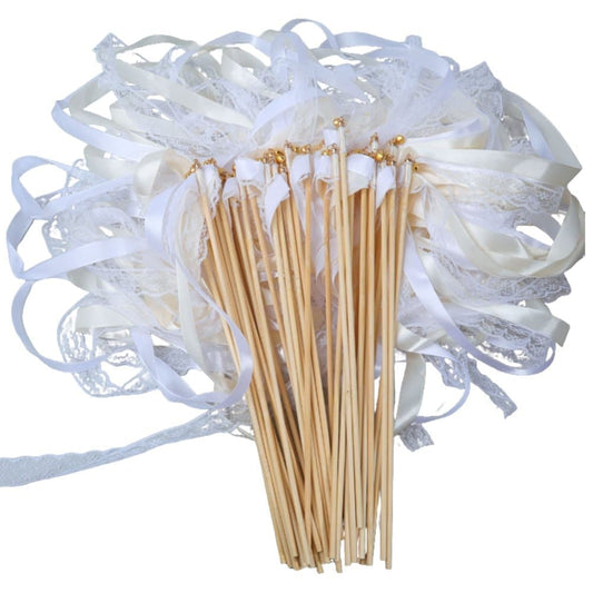 30 Pack Satin & Lace Ribbon Wands with Bells for Wedding & Party Decor, 30cm Beige V1188-MS-325-1543