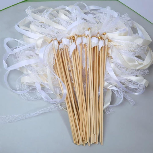 30 Pack Satin & Lace Ribbon Wands with Bells for Wedding & Party Decor, 30cm Beige V1188-MS-325-1543