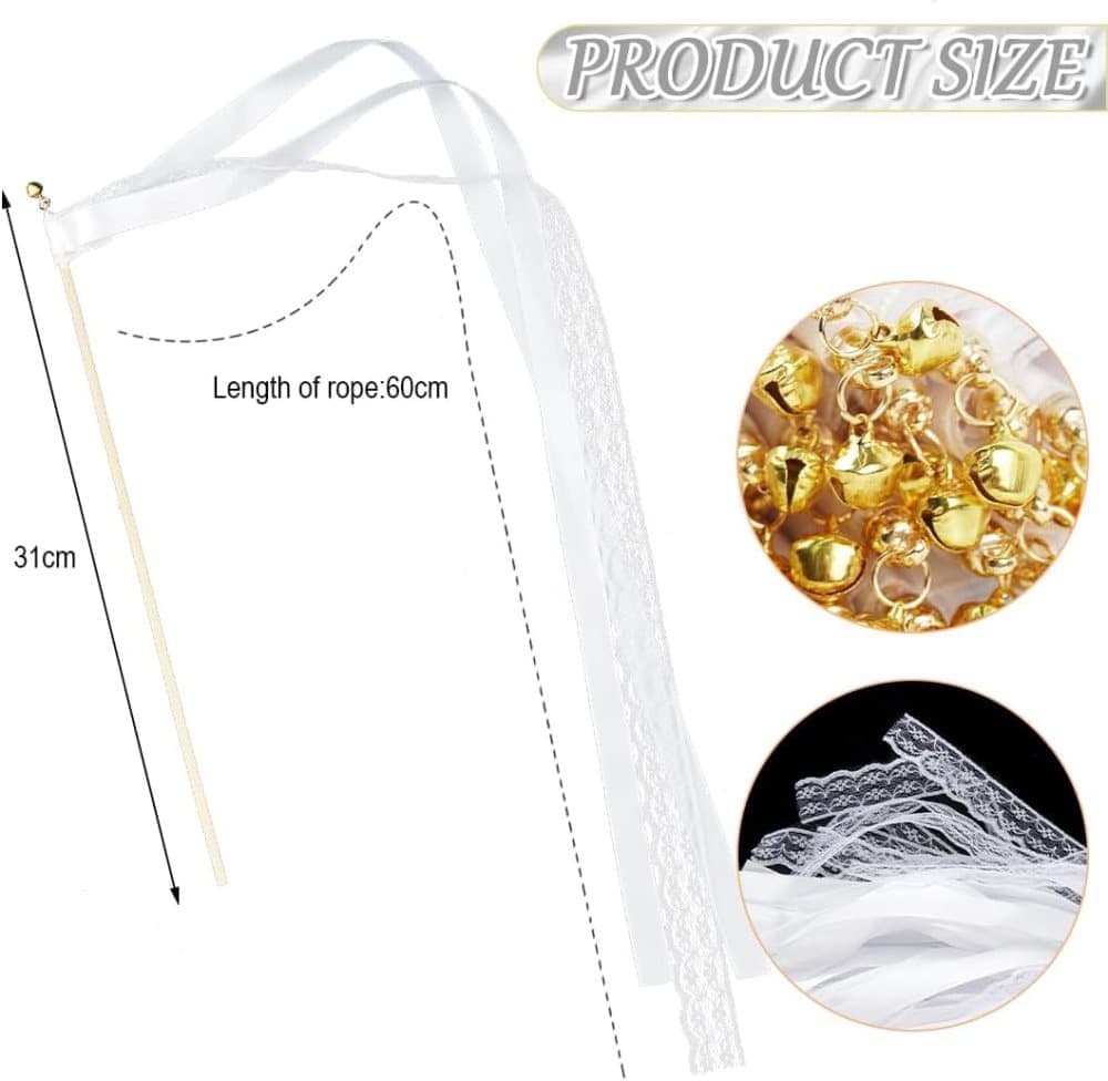 30 Pack Satin & Lace Ribbon Wands with Bells for Wedding & Party Decor, 30cm Beige V1188-MS-325-1543