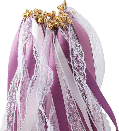 30 Pack Purple Satin & Lace Ribbon Wands with Bells for Wedding & Party Decor, 30cm V1188-MS-325-1544