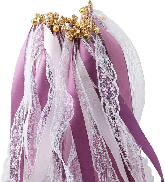 30 Pack Purple Satin & Lace Ribbon Wands with Bells for Wedding & Party Decor, 30cm V1188-MS-325-1544