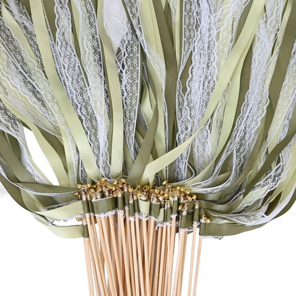 30 Pack Green Satin & Lace Ribbon Wands for Wedding Party Decor, 30cm V1188-MS-325-1545