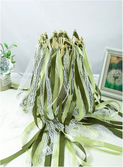 30 Pack Green Satin & Lace Ribbon Wands for Wedding Party Decor, 30cm V1188-MS-325-1545