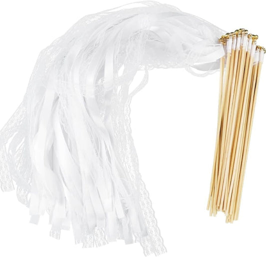 30 Pack White Satin & Lace Ribbon Wands for Wedding & Party Decor, 30cm V1188-MS-325-1546