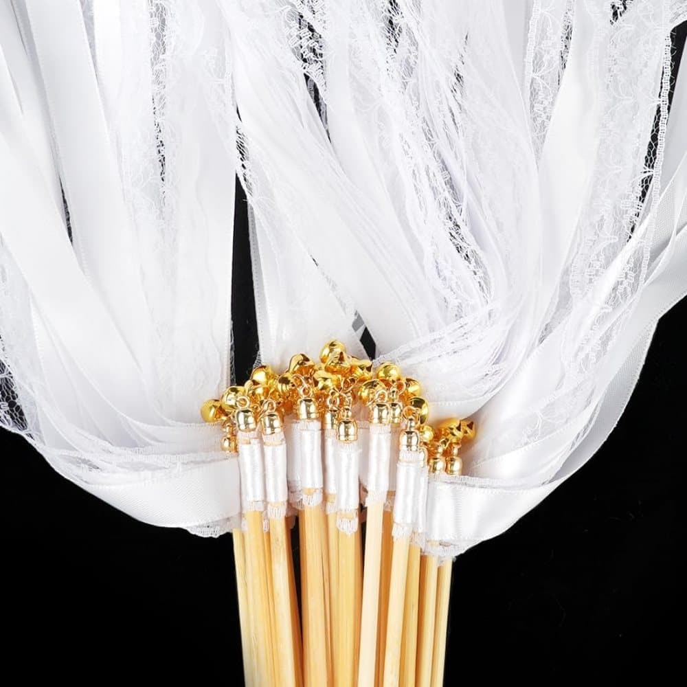 30 Pack White Satin & Lace Ribbon Wands for Wedding & Party Decor, 30cm V1188-MS-325-1546