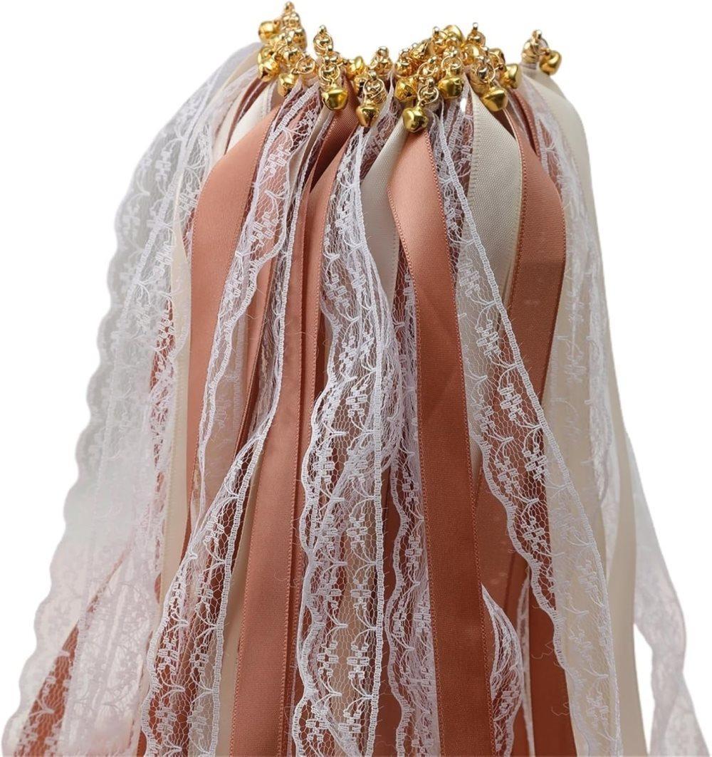 30 Pack Satin & Lace Ribbon Wands with Bells for Wedding Party Decor, 30cm V1188-MS-325-1547