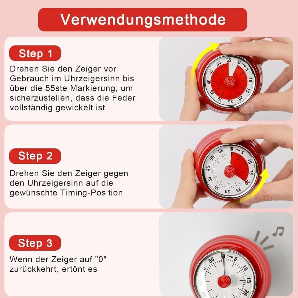 60 Minute Mechanical Kitchen Timer with Magnet in Stainless Steel, 3.6 x 7.3cm, Red V1188-MS-325-1611