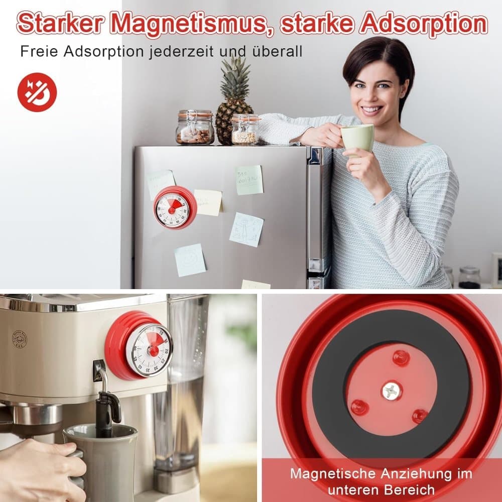 60 Minute Mechanical Kitchen Timer with Magnet in Stainless Steel, 3.6 x 7.3cm, Red V1188-MS-325-1611