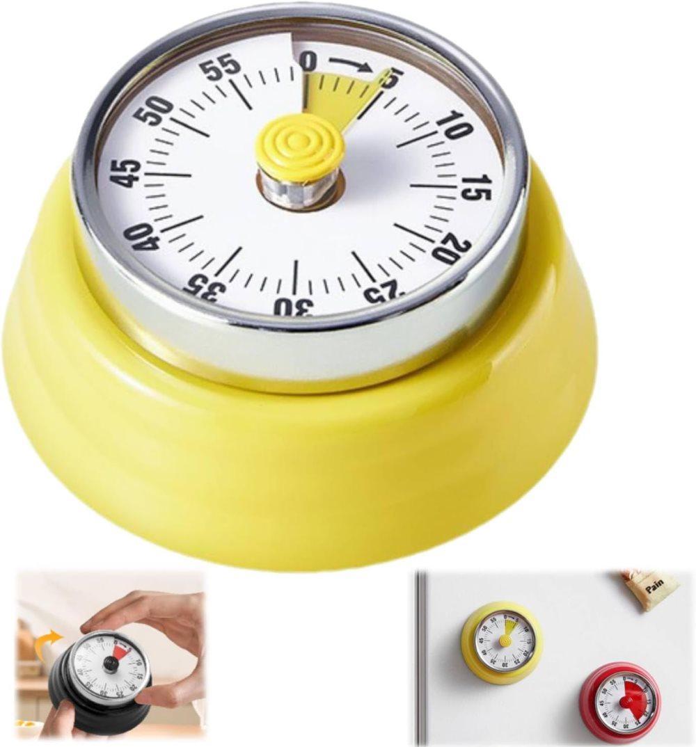 60 Minute Mechanical Kitchen Timer with Magnet, Stainless Steel Yellow, 3.6 x 7.3cm V1188-MS-325-1613