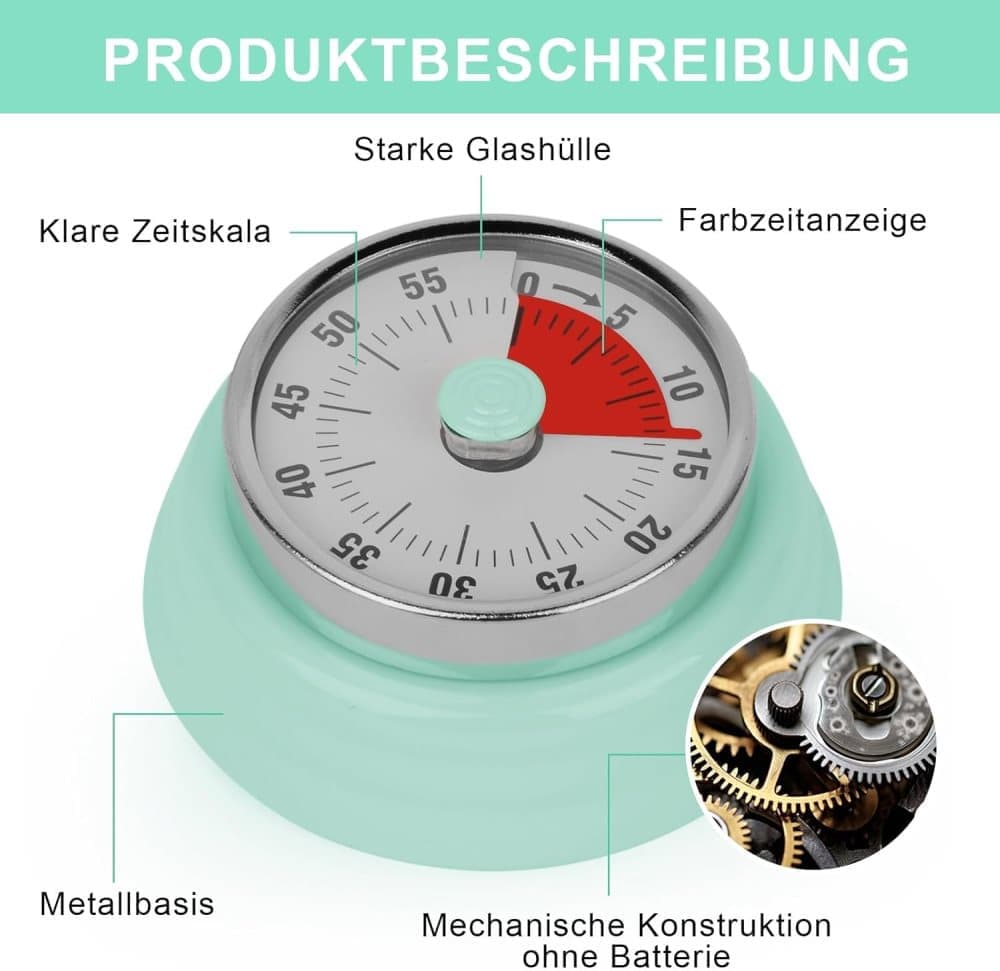60 Minute Mechanical Kitchen Timer with Magnet, Stainless Steel, Green, 3.6 x 7.3cm V1188-MS-325-1614