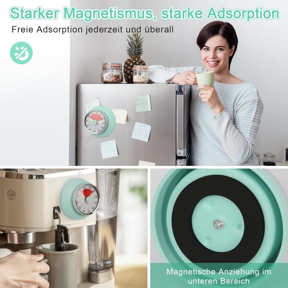 60 Minute Mechanical Kitchen Timer with Magnet, Stainless Steel, Green, 3.6 x 7.3cm V1188-MS-325-1614