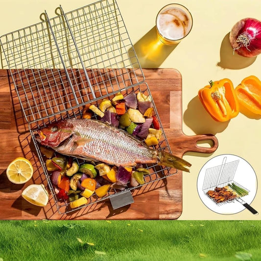 Foldable Grill Basket Stainless Steel for Fish Vegetables and Meat, Compatible with Camping and Outdoors, V1188-MS-325-1636