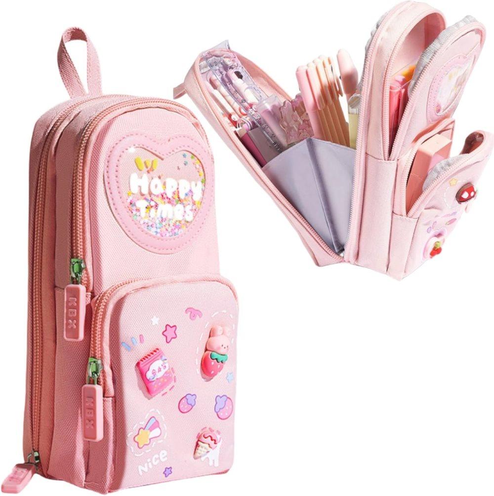 3 Compartments Cute Pencil Case Large Capacity Multifunctional Pencil Bag, Pink V1188-MS-325-1675