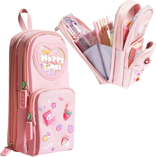 3 Compartments Cute Pencil Case Large Capacity Multifunctional Pencil Bag, Pink V1188-MS-325-1675