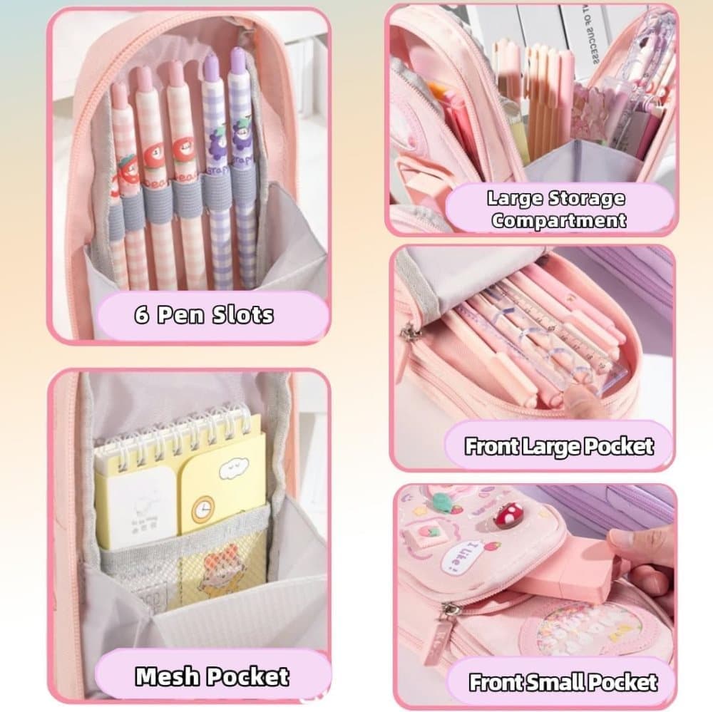 3 Compartments Cute Pencil Case Large Capacity Multifunctional Pencil Bag, Pink V1188-MS-325-1675
