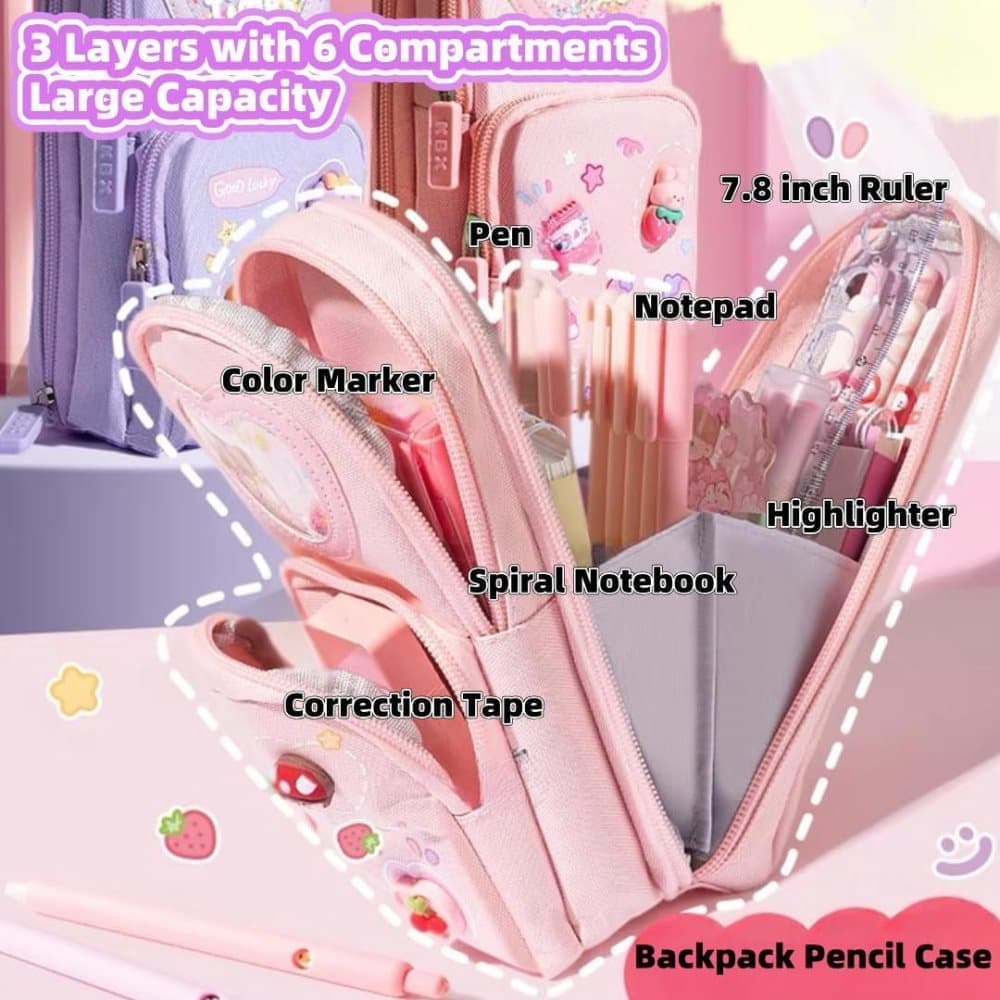 3 Compartments Cute Pencil Case Large Capacity Multifunctional Pencil Bag, Pink V1188-MS-325-1675
