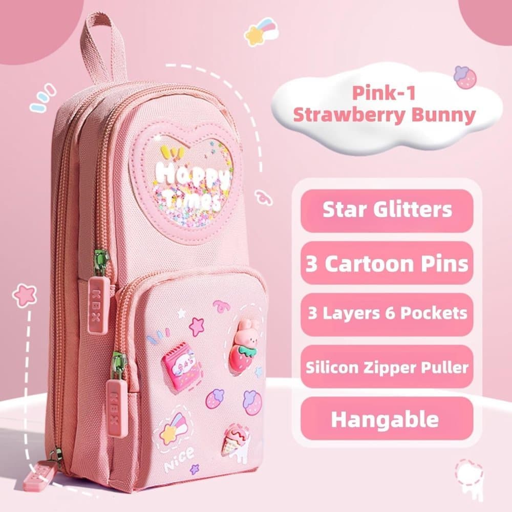 3 Compartments Cute Pencil Case Large Capacity Multifunctional Pencil Bag, Pink V1188-MS-325-1675