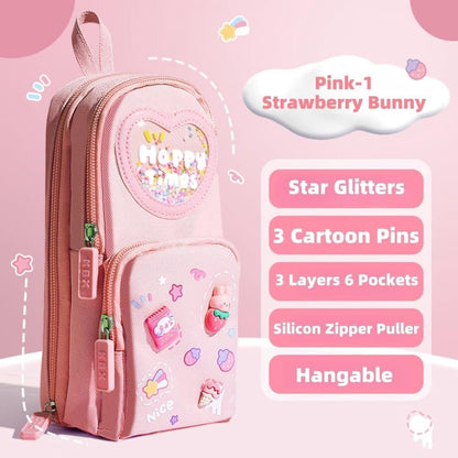 3 Compartments Cute Pencil Case Large Capacity Multifunctional Pencil Bag, Pink V1188-MS-325-1675