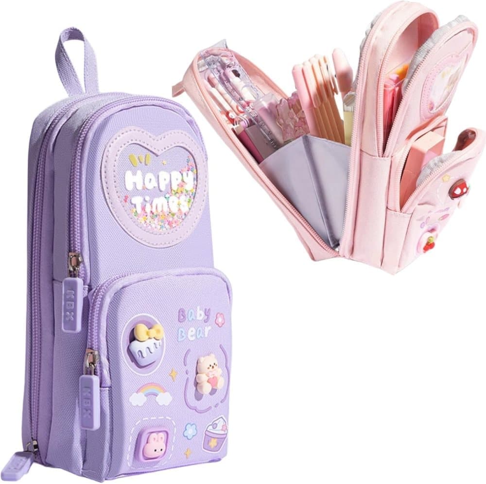 Large Capacity Cute Pencil Case with 3 Compartments, Purple V1188-MS-325-1676