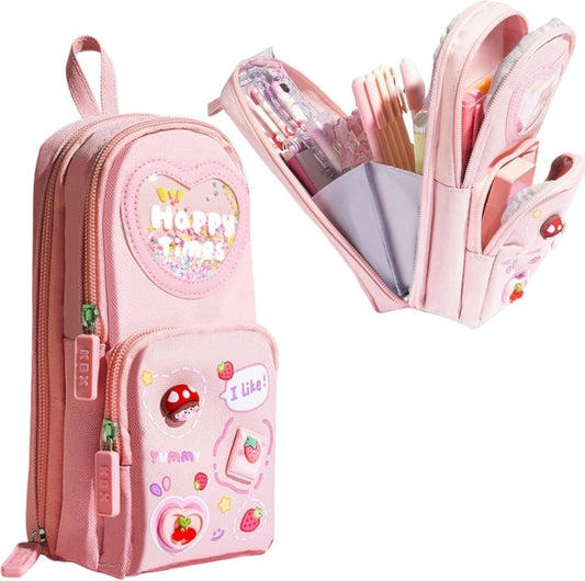 Pencil case with 3 compartments large capacity, cute design, pink, 1 piece V1188-MS-325-1678