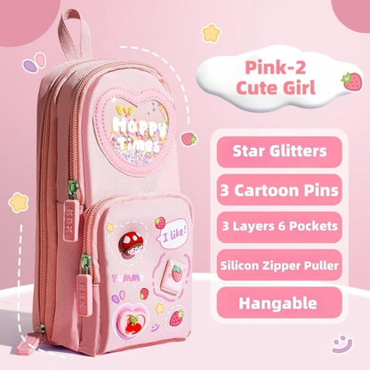 Pencil case with 3 compartments large capacity, cute design, pink, 1 piece V1188-MS-325-1678