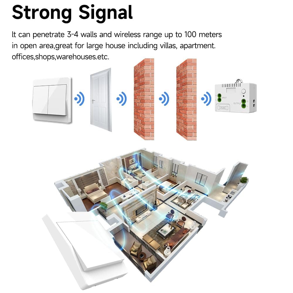 1 Wireless Switch Kit, Battery-Free Easy Installation Radio-Controlled Home Lighting Self-Sufficient, White, V1188-MS-325-1700