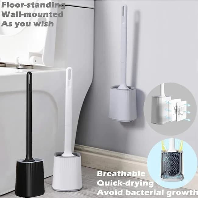 1 pcs Silicone Toilet Brush with Holder, White, Standing or Wall Mounted V1188-MS-325-1765