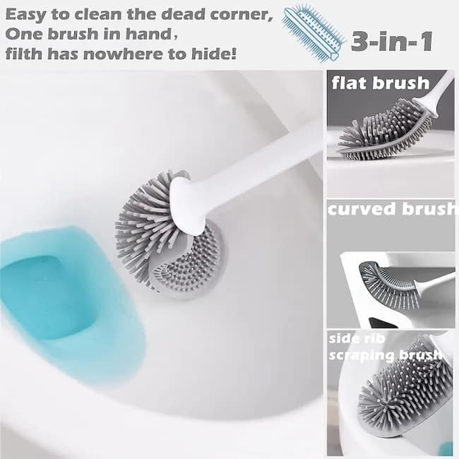 1 pcs Silicone Toilet Brush with Holder, White, Standing or Wall Mounted V1188-MS-325-1765