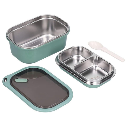 Stainless steel lunch box 1200ml with spoon, double layer 2 compartments leak-proof, 304 stainless steel, V1188-MS-325-1773