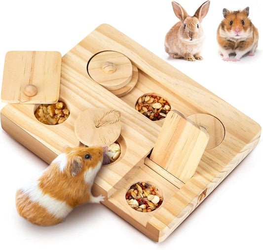 6-in-1 Hamster Feeder Interactive Wooden Game with Treat Dispenser and Rodent Search Toy for Hamsters Rabbits V1188-MS-325-1780