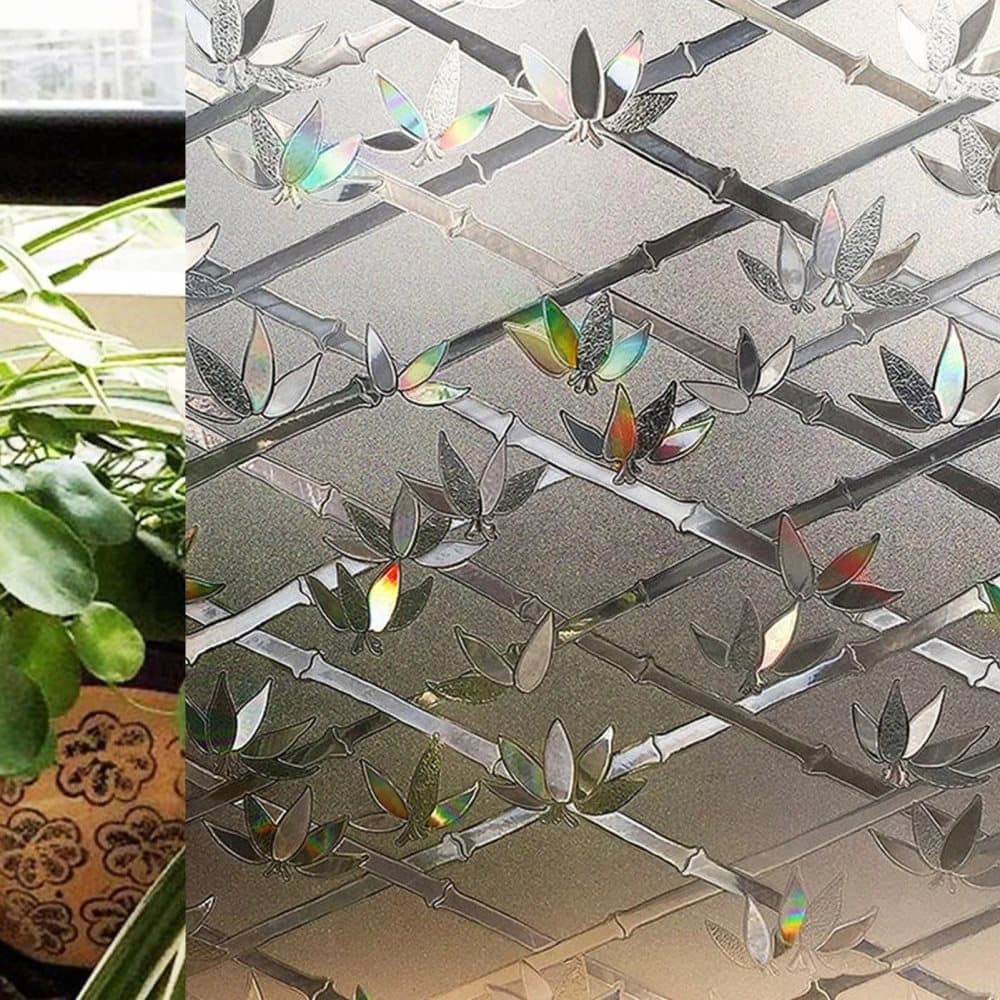 Stained Glass Effect 3D Plant Motif Window Film, Decorative Privacy Window Decal V1188-MS-325-1790
