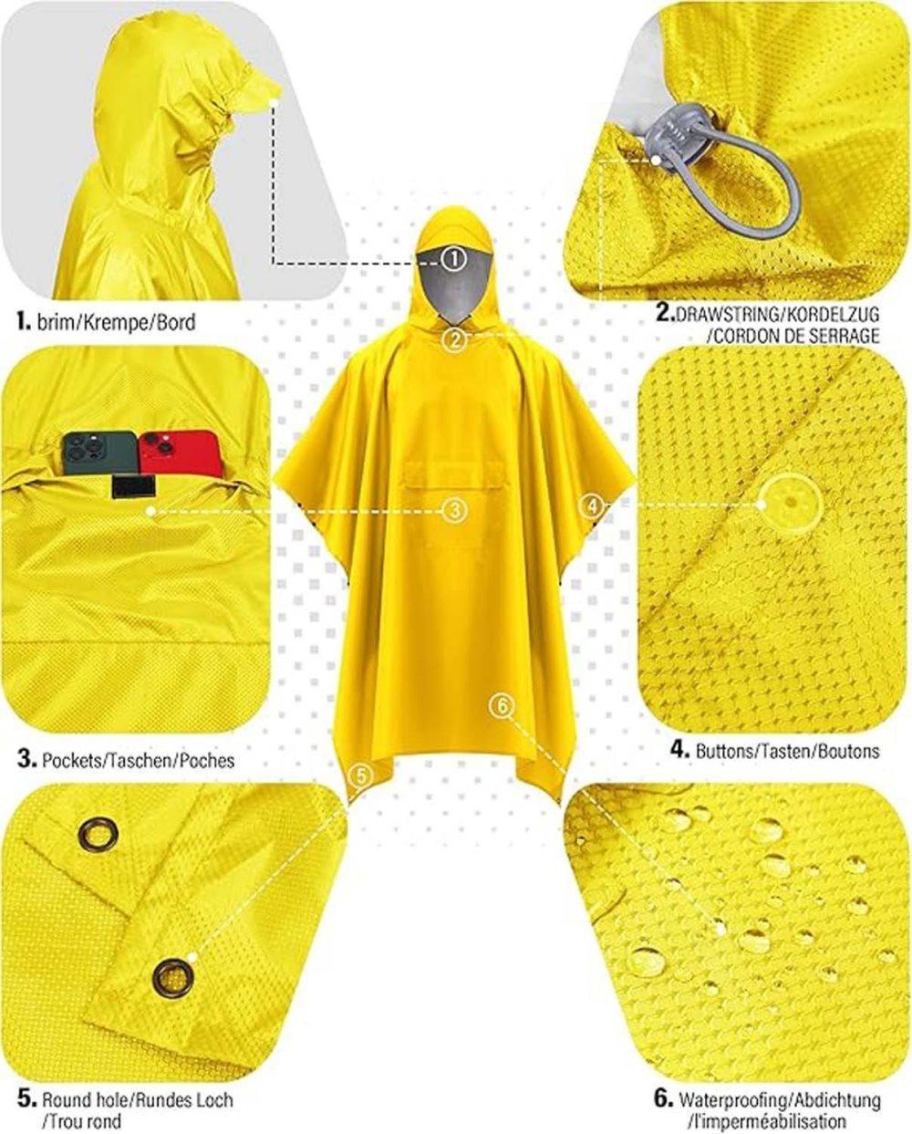 3-in-1 Waterproof Rain Jacket Poncho with Hood, Breathable Outdoor Raincoat, Yellow V1188-MS-325-1794