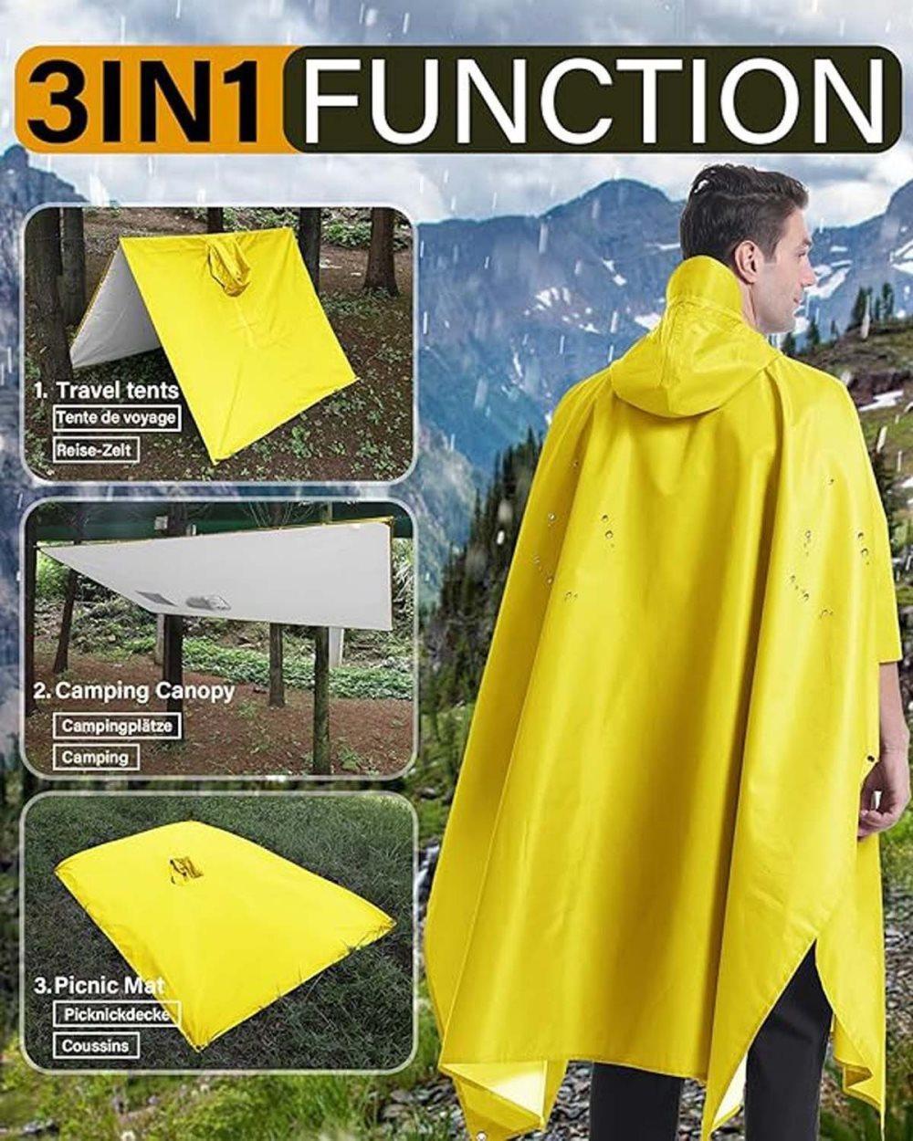 3-in-1 Waterproof Rain Jacket Poncho with Hood, Breathable Outdoor Raincoat, Yellow V1188-MS-325-1794
