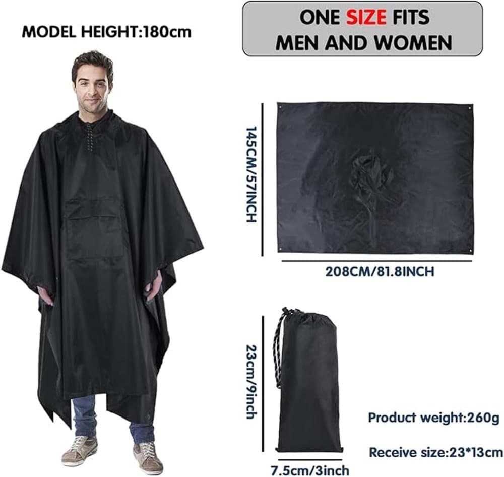 3-in-1 Waterproof Rain Jacket Poncho with Hood, Breathable Raincoat, Black V1188-MS-325-1796
