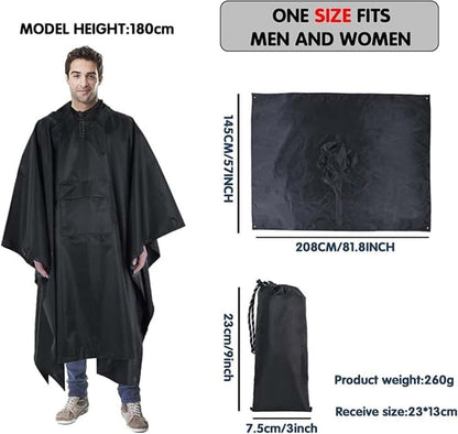 3-in-1 Waterproof Rain Jacket Poncho with Hood, Breathable Raincoat, Black V1188-MS-325-1796