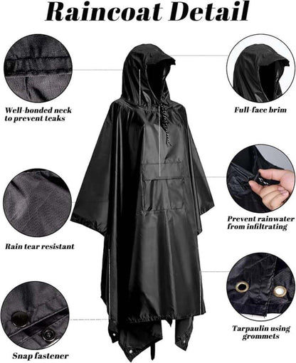 3-in-1 Waterproof Rain Jacket Poncho with Hood, Breathable Raincoat, Black V1188-MS-325-1796