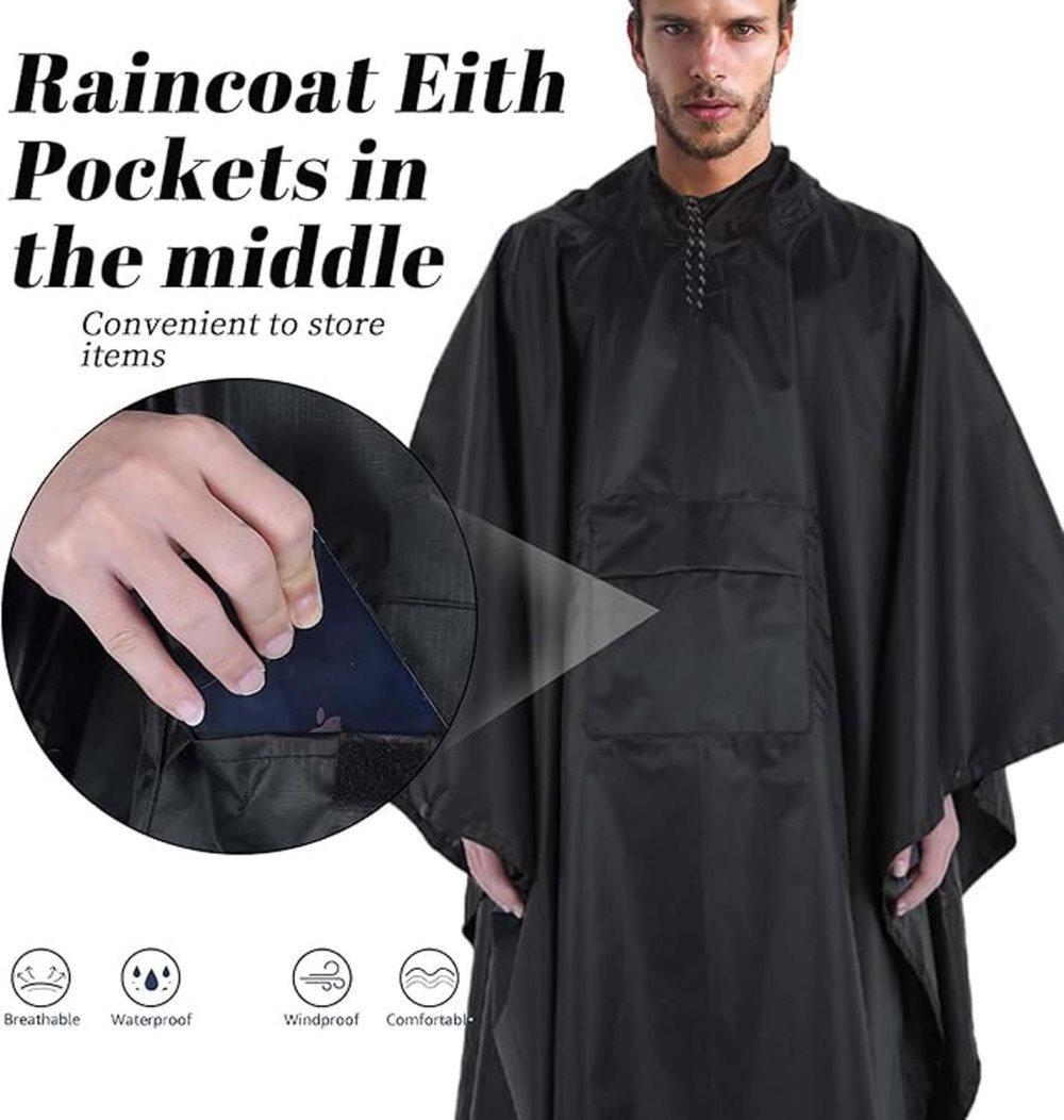 3-in-1 Waterproof Rain Jacket Poncho with Hood, Breathable Raincoat, Black V1188-MS-325-1796